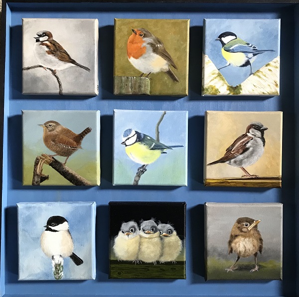 Vogelparadijs (9 stuks) , afm ieder 15 x 15 cm, acryl, € 30,00 per stuk